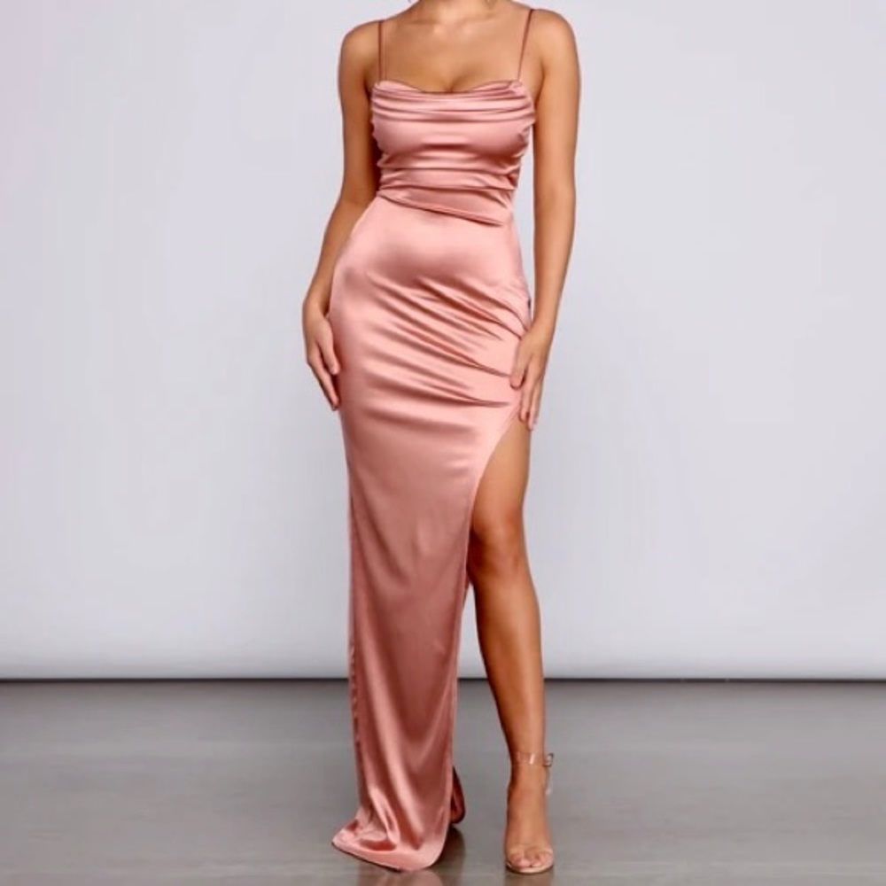 Rose gold “Lola High Slit Satin Dress” by Windsor